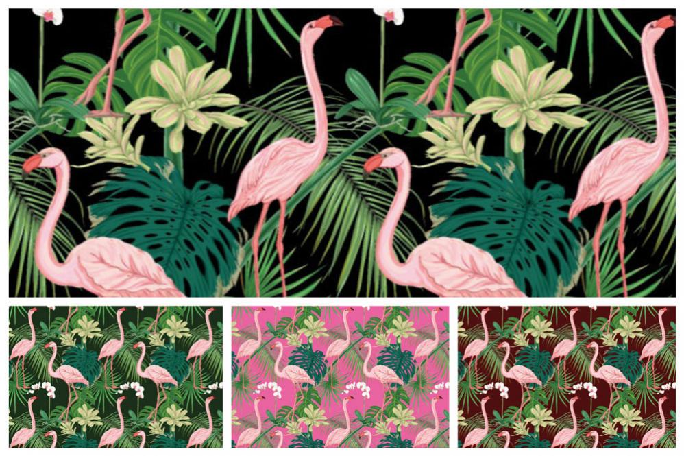 Samtstoff - Flamingos im Dschungel 