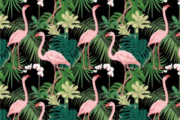 Samtstoff - Flamingos im Dschungel Schwarz