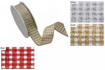 Drahtkantenband - Metallic - Vichy-Karo - 25 mm - 20 m-Rolle 