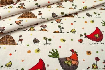 Baumwollstoff - Happy Chicken - Orange/Rot 