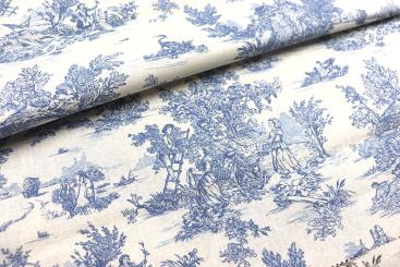 Baumwollstoff Toile de Jouy - Erntezeit - Blau 