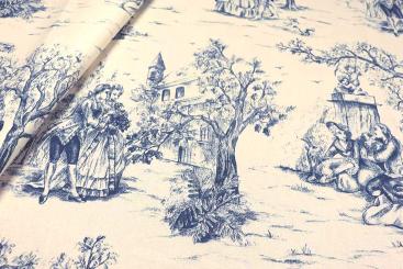 Baumwollstoff Toile de Jouy - Parkspaziergang - Blau 