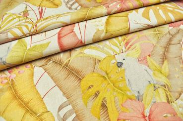 Dekostoff - Leinenoptik - Blätter und Kakadu 