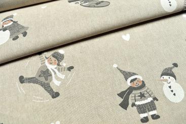 Dekostoff Leinenoptik - Schneeballschlacht und Schlittenfahrt 