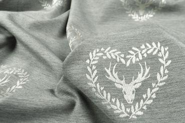 Dekostoff Jacquard - zweiseitig - Hirsch im Herz - Grau/Creme 