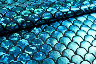 Hologramm-Folienstoff Schuppe - Schwarz/Aqua 