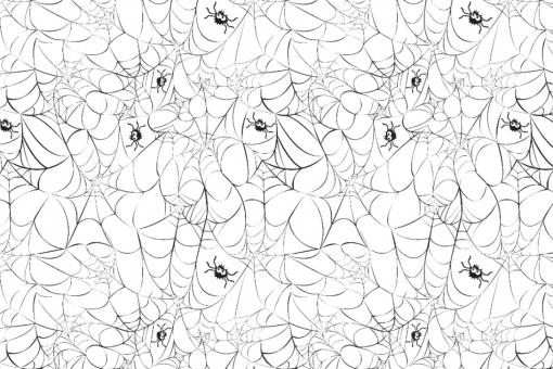 Weißer Pannesamt-Stoff mit schwarzen Spinnen und Spinnennnetzen bedruckt