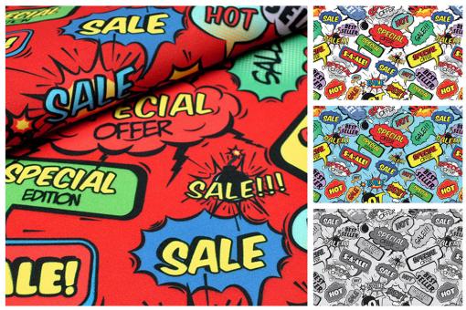 Verschiedene Comic-Sprechblasen in unterschiedlichen Farben mit Sale-Schriftzügen