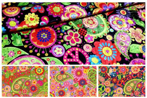 Buntes Hippie-Flower-Power-Motiv auf Pannesamt in 4 Grundfarben