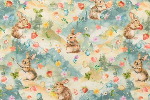 Baumwollstoff Digital - Häschen in der Osterwelt