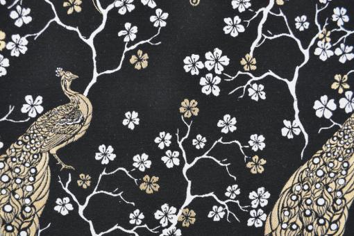 Dekostoff - Jacquard - Romantischer Pfau - Schwarz/Gold - 1,0 Meter