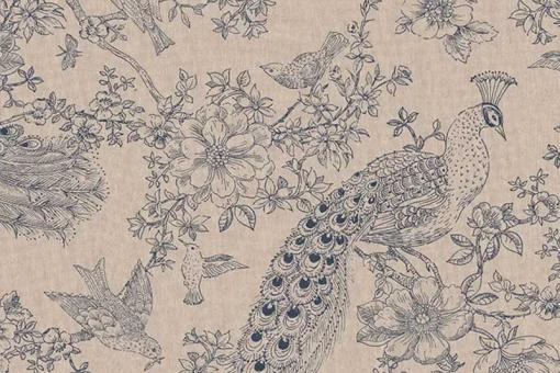Dekostoff Leinenoptik - Toile de Jouy - Pfau