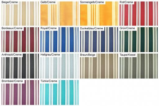 Farbtafel mit gestreiften Markisenstoffen in verschiedenen Farben