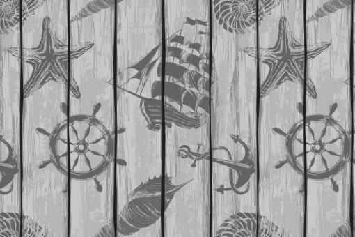 Dekostoffe mit maritimen Symbolen auf Holzbrettoptik