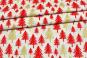 Weihnachtliche Baumwollpopeline mit roten und goldglitzernden Tannenbäumen