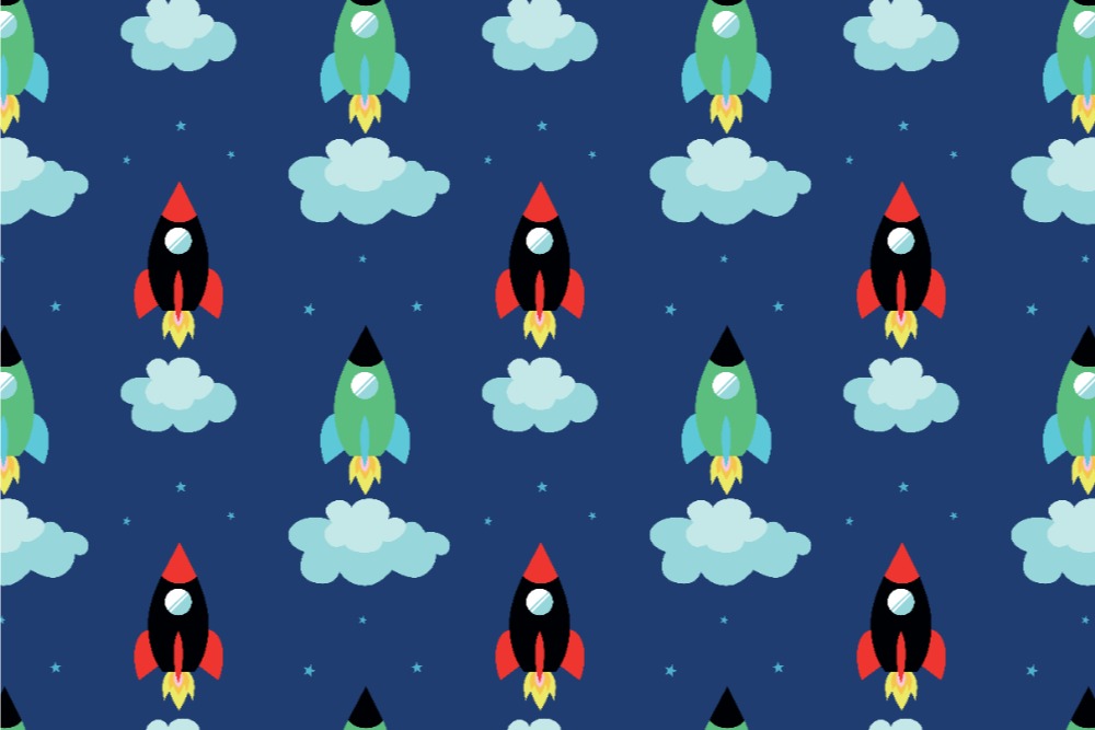 Dekostoff - Mondrakete Dunkelblau/Grün-Rot