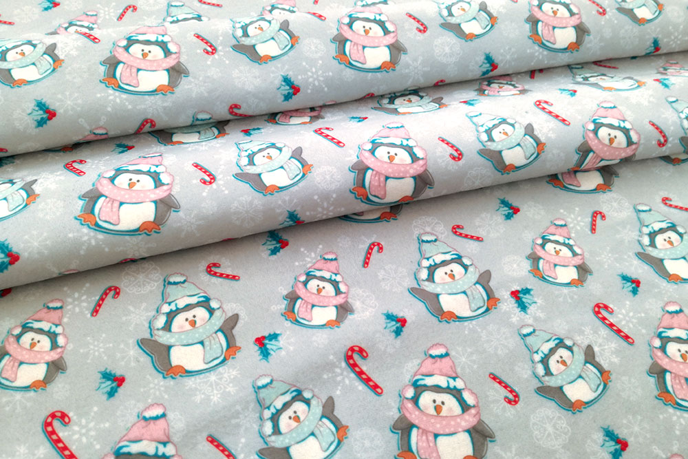 Polarfleece-Stoff - Frierende Pinguine Hellgrau