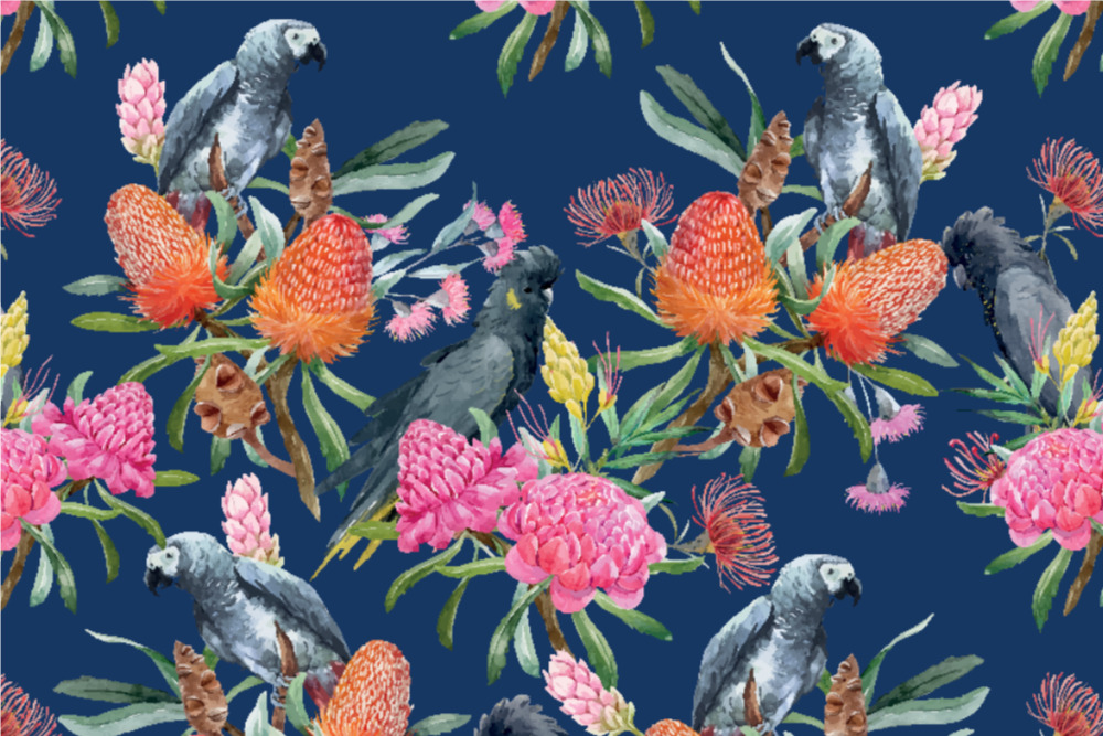 Samt-Stoff - Parrot Paradise Dunkelblau