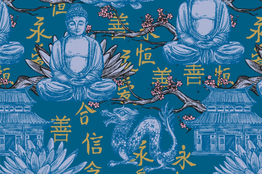 Satin - Chinese World Dunkelblau/Gold 