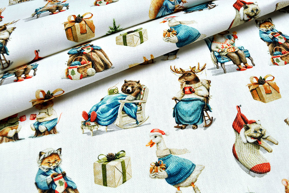 Baumwoll-Dekostoff Digital - Weihnacht bei den Tieren - Weiß 