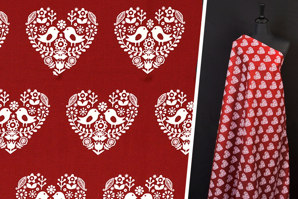 Baumwoll-Trachtenstoff - Verliebte Vögel - Rot 