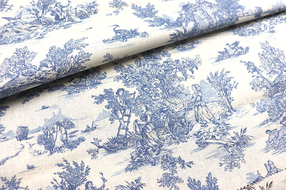 Baumwollstoff Toile de Jouy - Erntezeit - Blau 