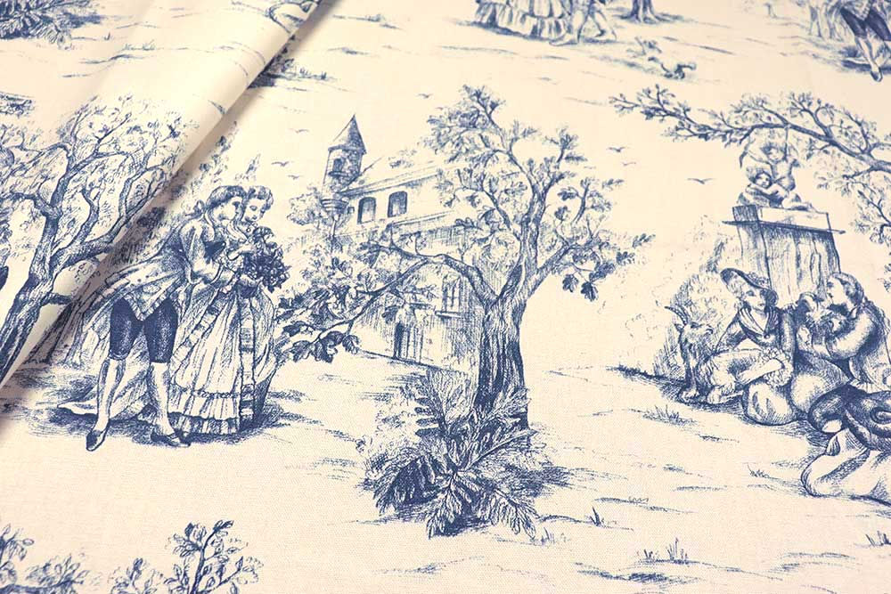 Baumwollstoff Toile de Jouy - Parkspaziergang - Blau 