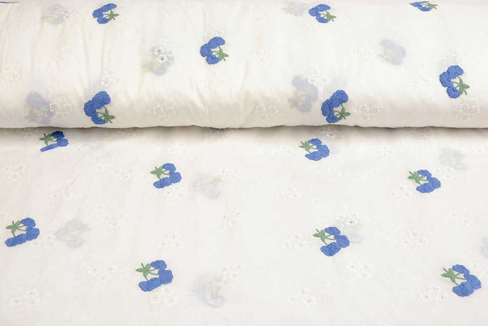 Baumwollstoff Kirschen-Stickerei - Blau 