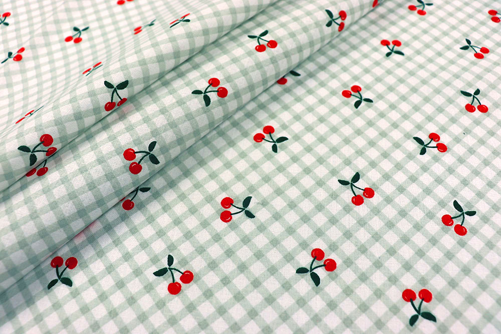Baumwollstoff - Kirschen auf Karo 