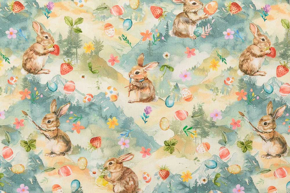 Baumwollstoff Digital - Häschen in der Osterwelt 