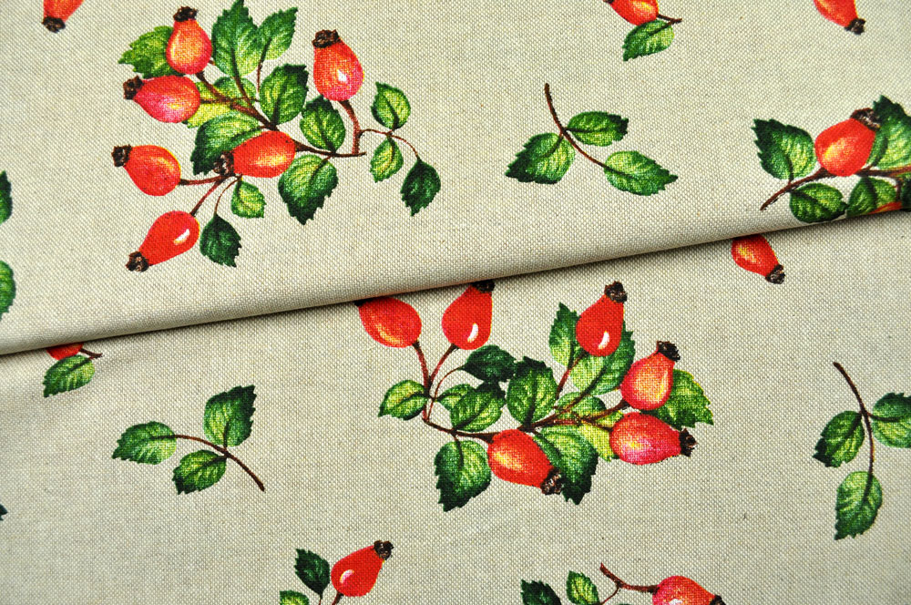 Dekostoff Leinen-Look - Hagebutten-Sträußchen 