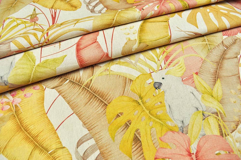 Dekostoff - Leinenoptik - Blätter und Kakadu 