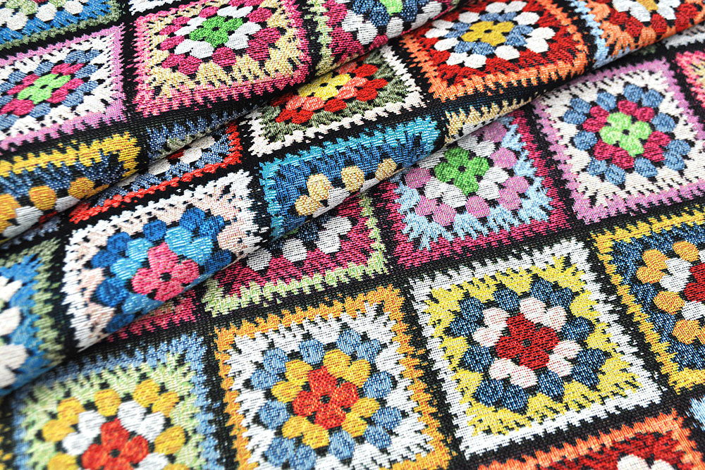 Gobelin-Stoff - Granny Squares - Schwarz 