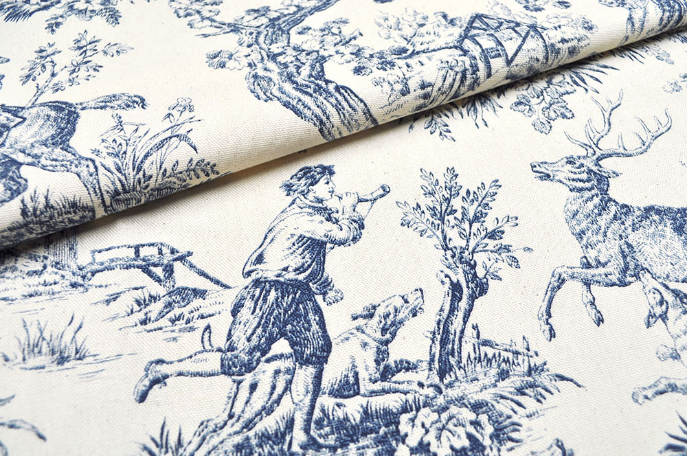 Dekostoff Toile de Jouy - Auf der Jagd - Creme/Blau - 280 cm 