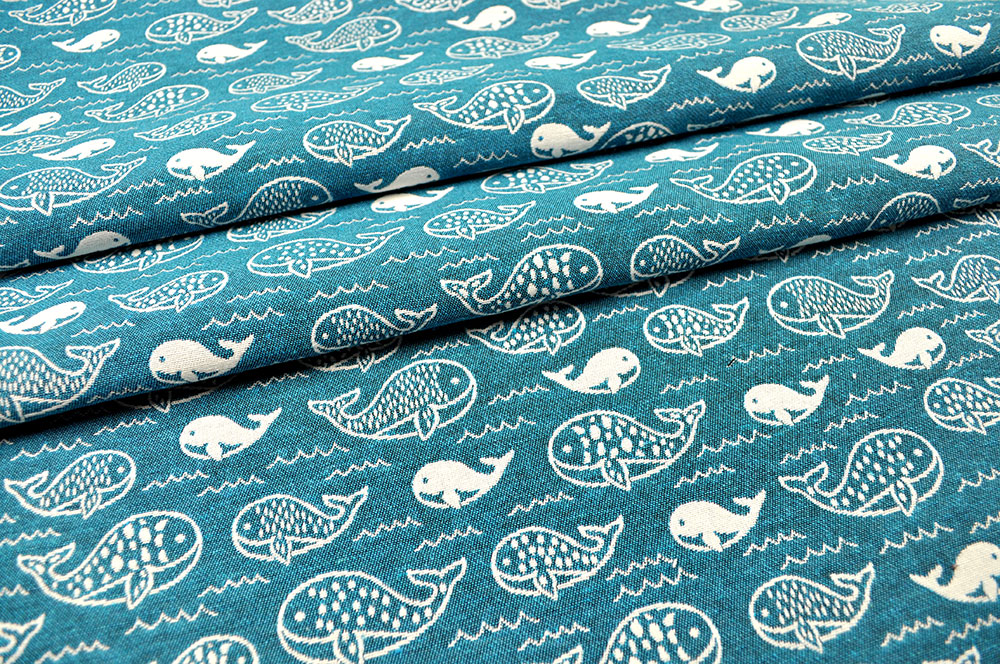 Dekostoff Jacquard - Wal-Familie - Türkis/Creme 