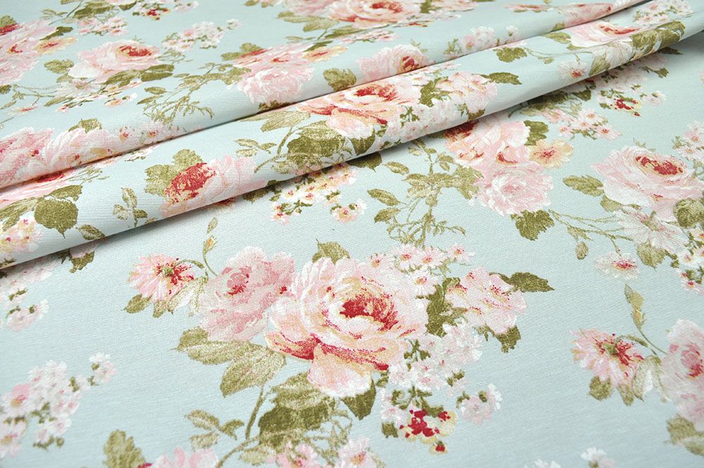 Fertig-Gardine linke Seite - Fleurs Classiques - a: 175 x b: 155 cm - Hellblau 