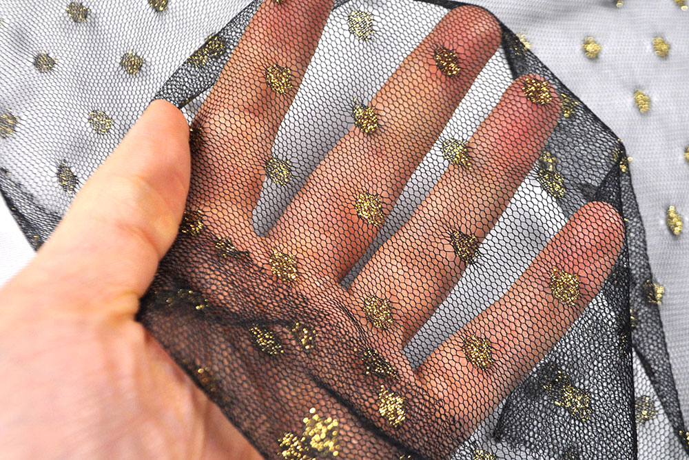 Glitzertüll - Goldtupfen - Schwarz 