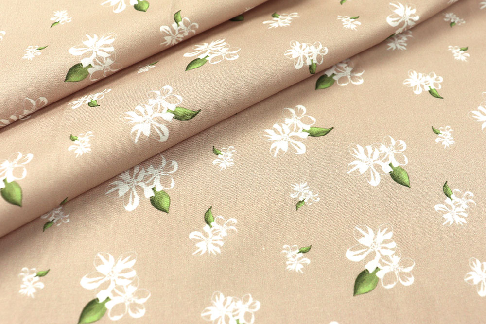 Baumwollstoff - Weiße Blümchen - Sand 