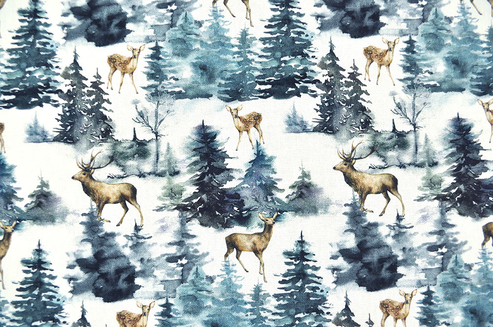 Baumwoll-Dekostoff Digital - Hirsch im Wald - Winterblau