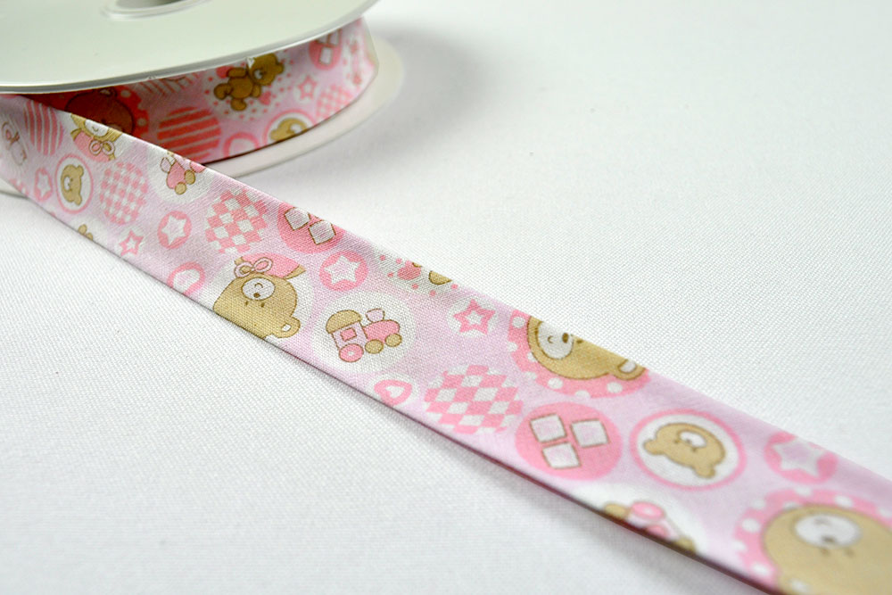 Schrägband Teddybär - 2,5/5 cm breit - Meterware - Rosa