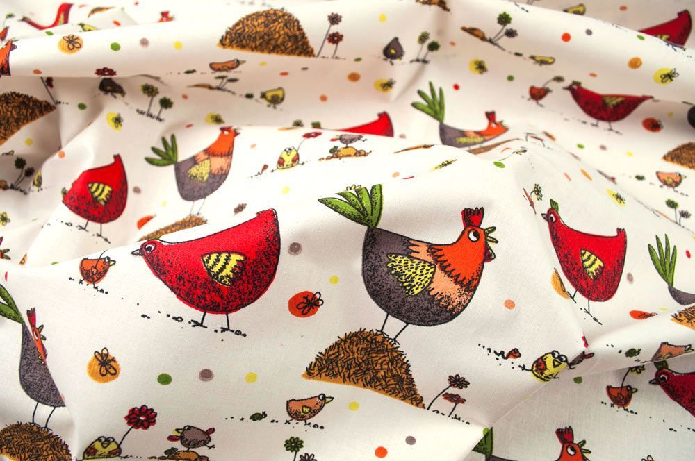 Baumwollstoff - Happy Chicken - Orange/Rot