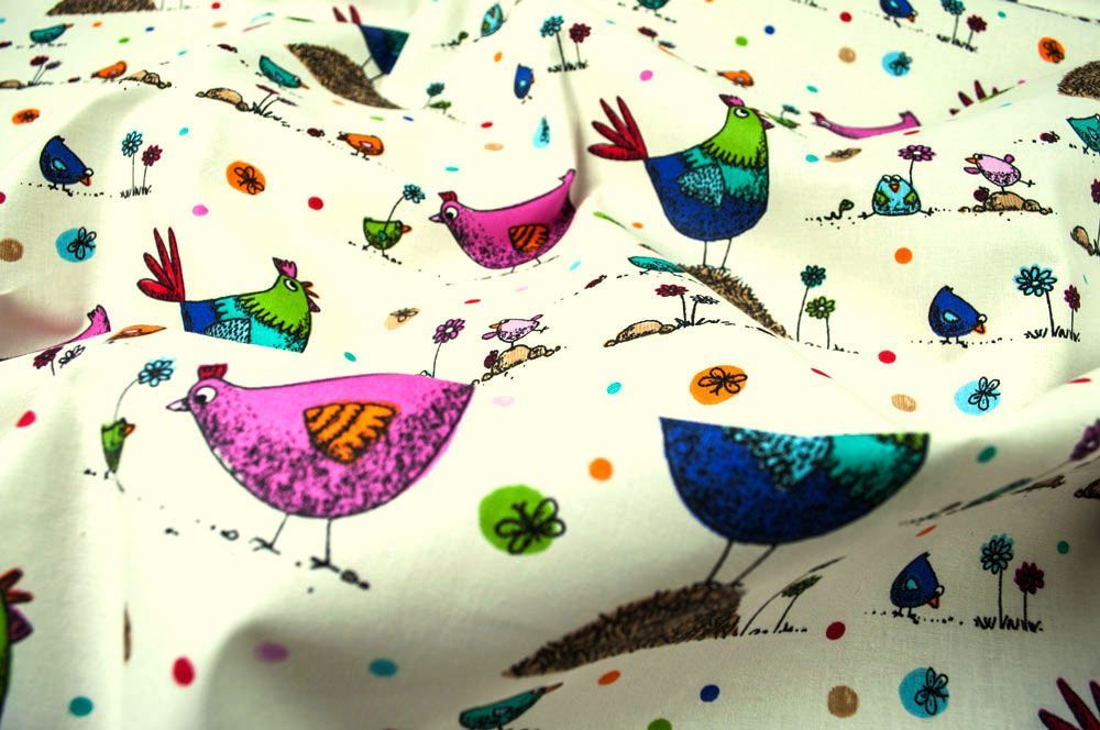 Baumwollstoff - Happy Chicken - Pink/Blau