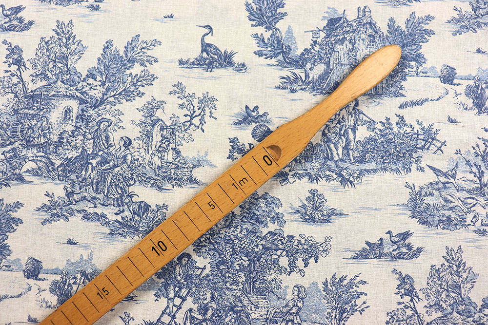 Baumwollstoff Toile de Jouy - Erntezeit - Blau