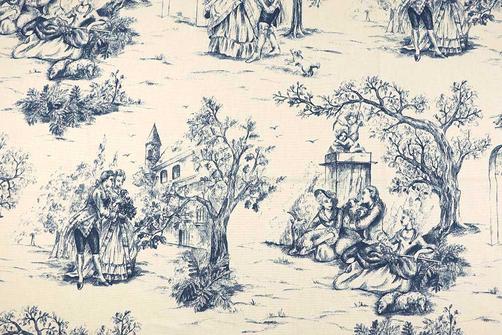 Baumwollstoff Toile de Jouy - Parkspaziergang - Blau