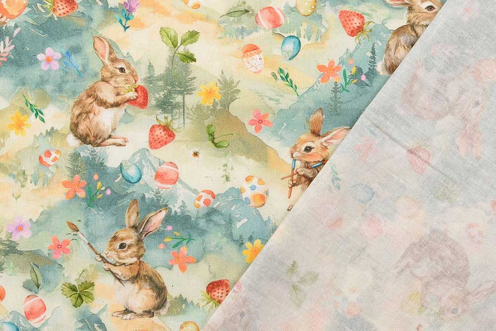 Baumwollstoff Digital - Häschen in der Osterwelt