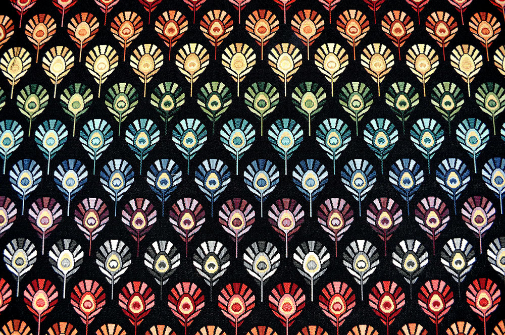 Gobelin-Stoff - Bunte Federn - Schwarz