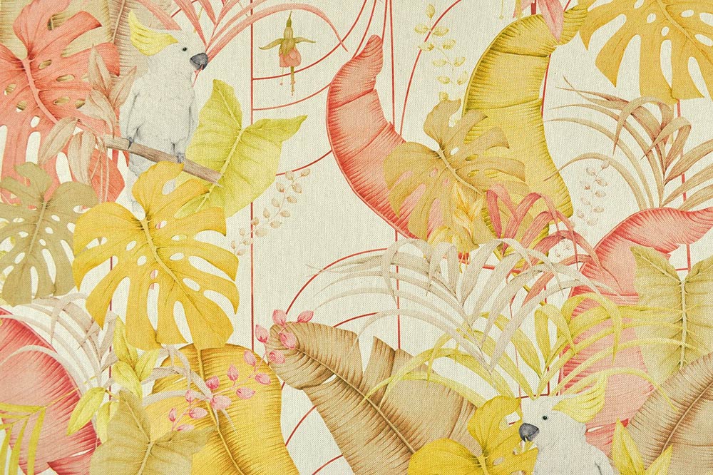 Dekostoff - Leinenoptik - Blätter und Kakadu