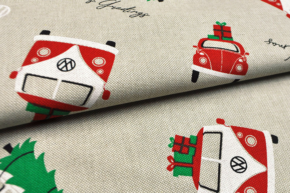 Dekostoff Leinenoptik - Weihnachten mit Bulli und Käfer