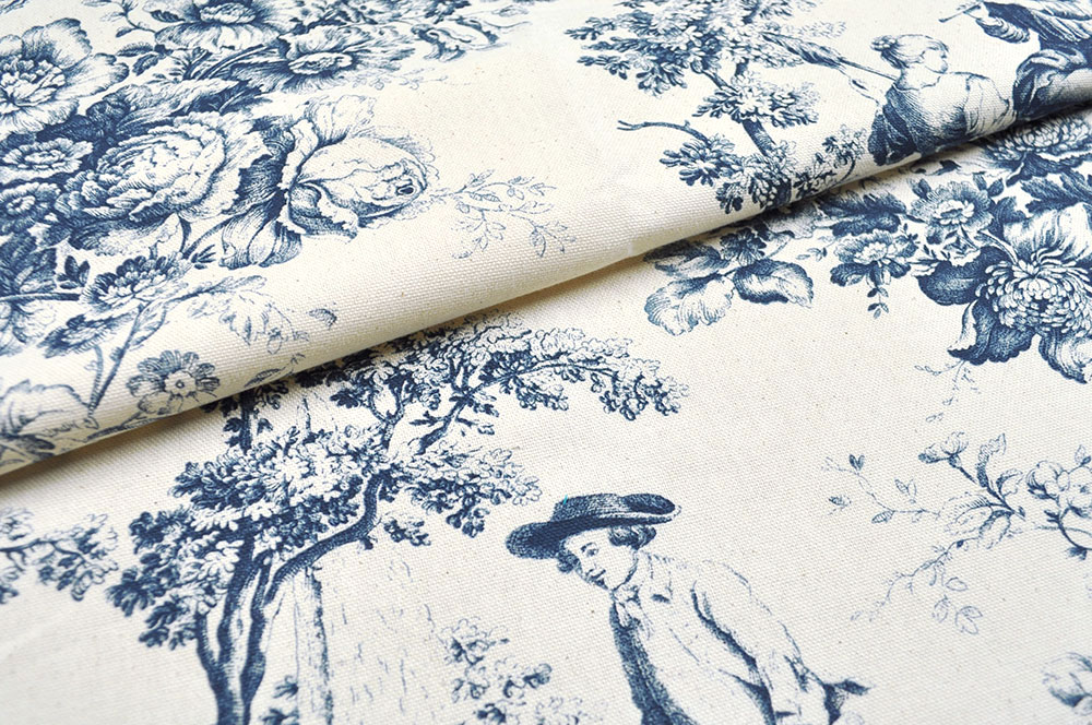 Dekostoff Toile de Jouy - Kuhhirte - Creme/Blau - 280 cm