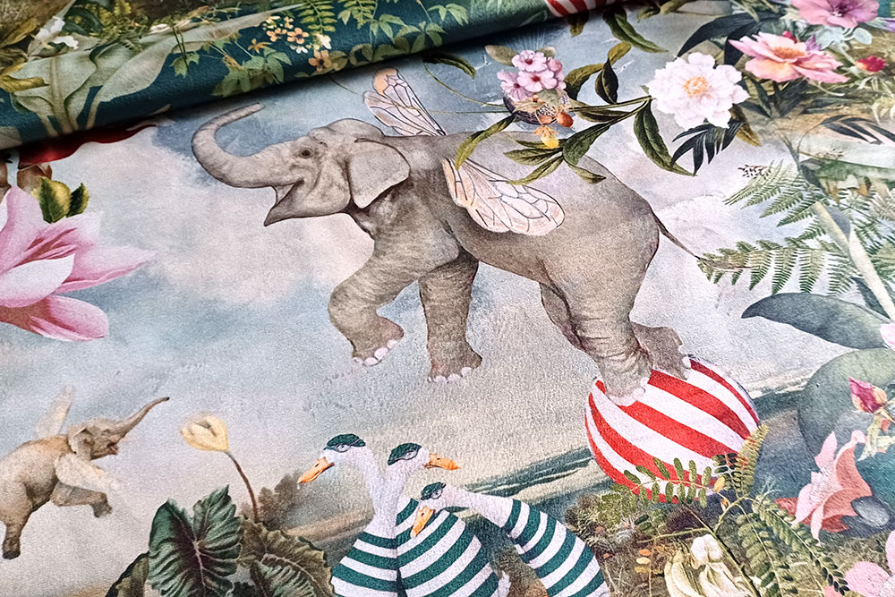 Samt-Dekostoff - Digitaldruck - Elefanty